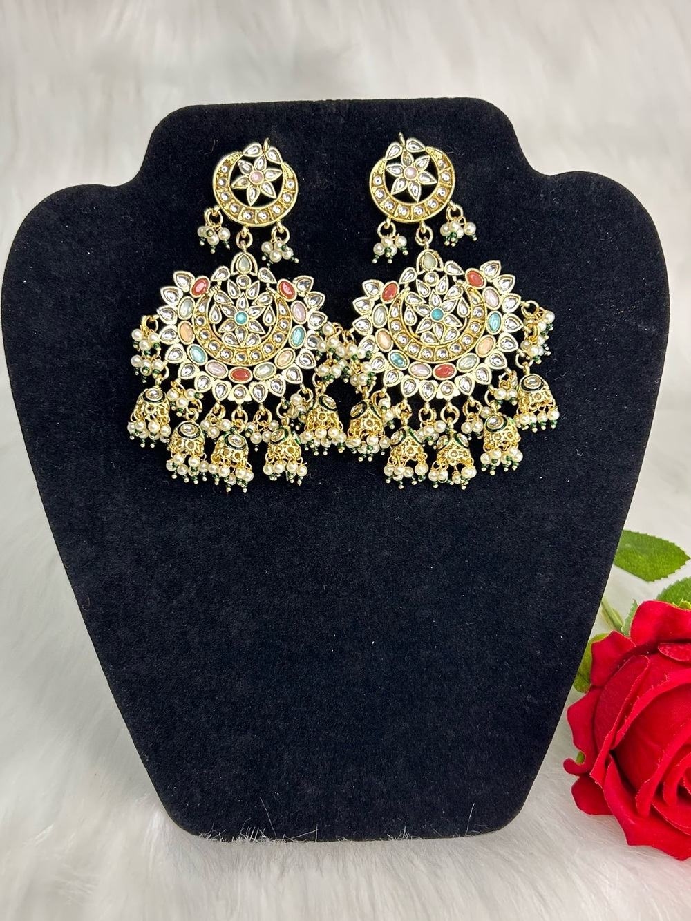 Elegant Gold-Tone Multi Pachi Kundan Chand Bali Earrings